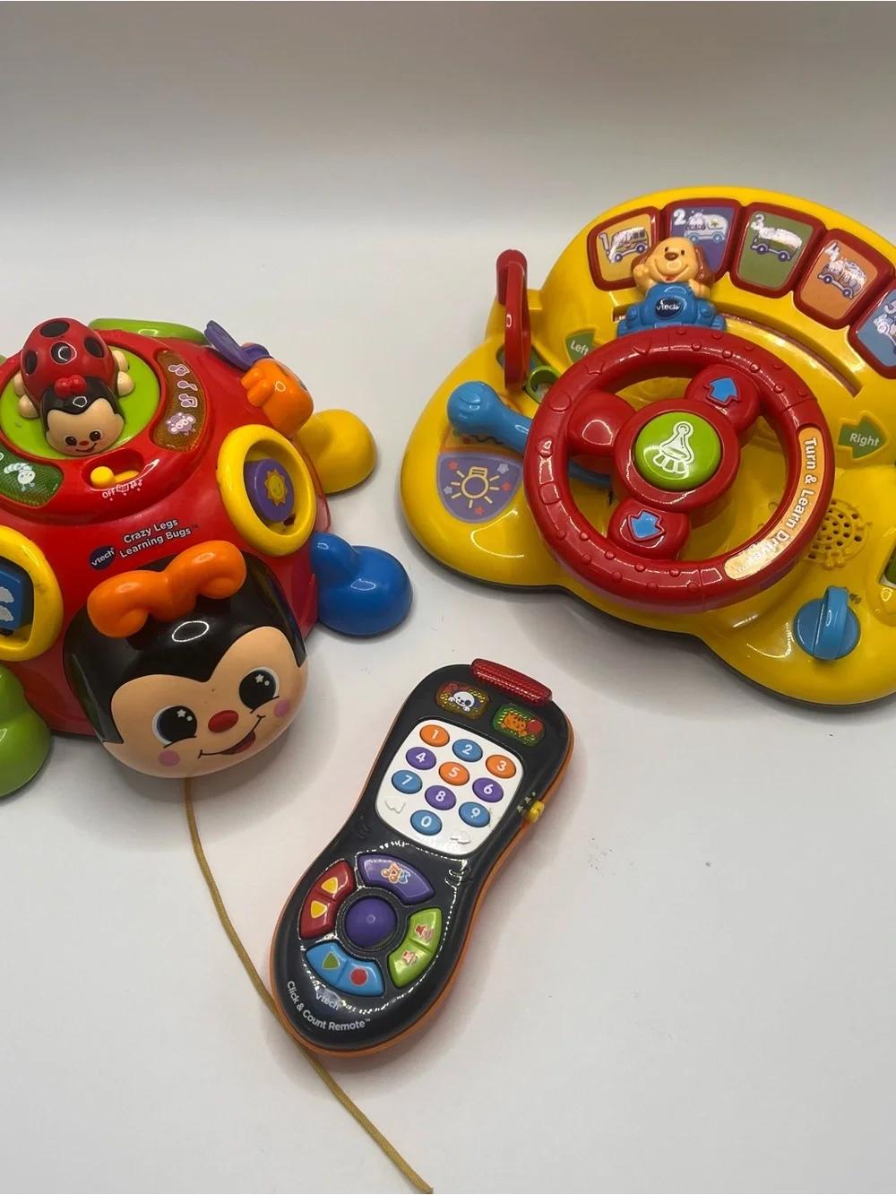 V-Tech Electronic Toddler Baby Toy Lot Phone Lady Bug Steering Wheel Light Sound